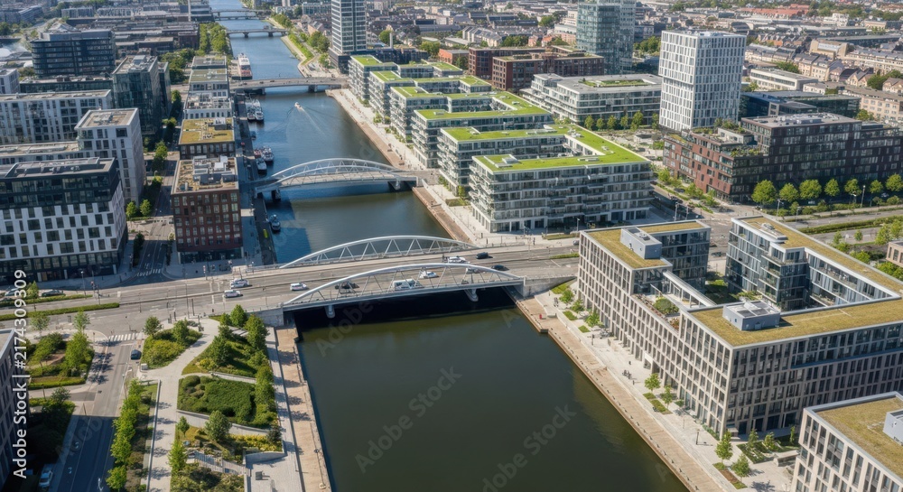 Fototapeta premium Modern Urban Canal with Bridges and Buildings, Showcasing City Transportation and Architecture