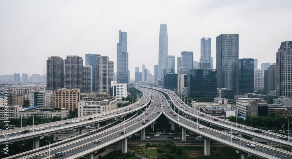 Fototapeta premium Modern Urban Cityscape with a Multi-Level Highway Interchange and Tall Buildings