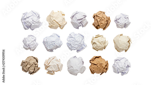 Group of multi colored crumpled trash paper balls isolated isolated on PNG transparent background