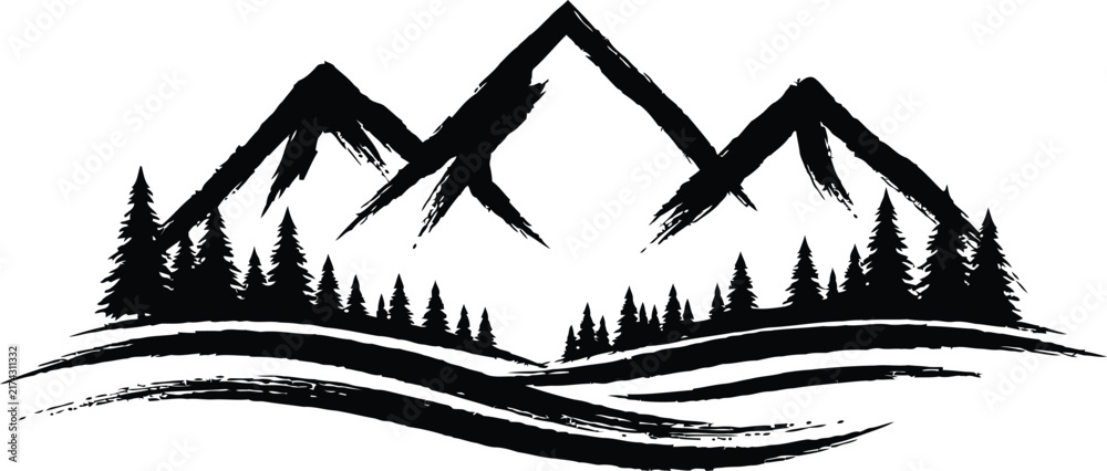 Fototapeta premium Black and white silhouette of a mountain range with a lake and pine trees