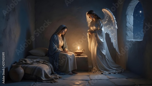 an angel visiting the Virgin Mary while the peaceful home rests in nighttime silence, Mary seated by a small lamp with serene attention, Environment: humble sleeping room with low bedroll, fo