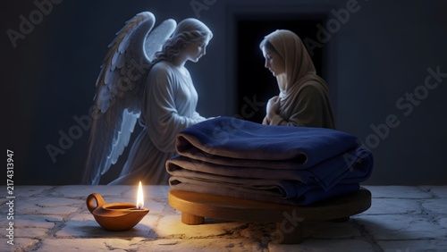 an angel meeting the Virgin Mary in a tranquil home at night, the scene centered on Mary’s folded mantle as a symbol of readiness and sacred obedience, Environment: minimal room with a pale s