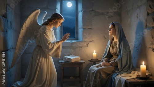a serene sacred scene of an angel gently meeting the Virgin Mary inside a peaceful home at night, Mary seated in humble stillness while the angel stands nearby with a quiet gesture of blessin