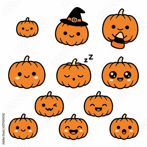 Kawaii Halloween Pumpkin Set with Cute Faces and Expressions