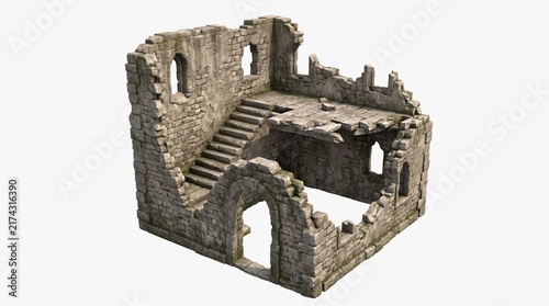 3D model of ancient stone castle ruins with crumbling walls and staircase