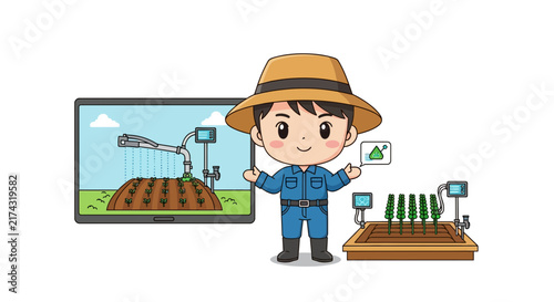 Tapety artystyczne Young farmer presenting smart farming technology