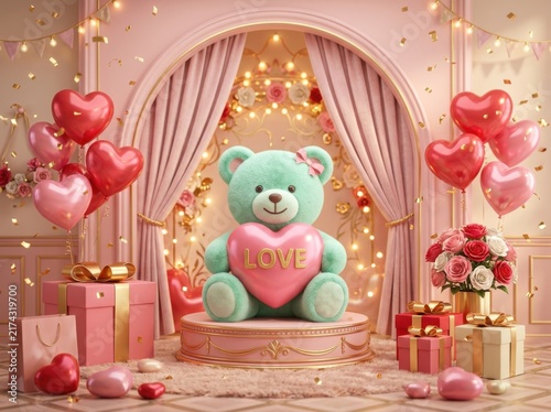 Cute mint green teddy bear holding a pink heart with love text surrounded by gifts and balloons
