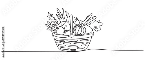 Minimalist Autumn Harvest Continuous Line Art Basket with Vegetables