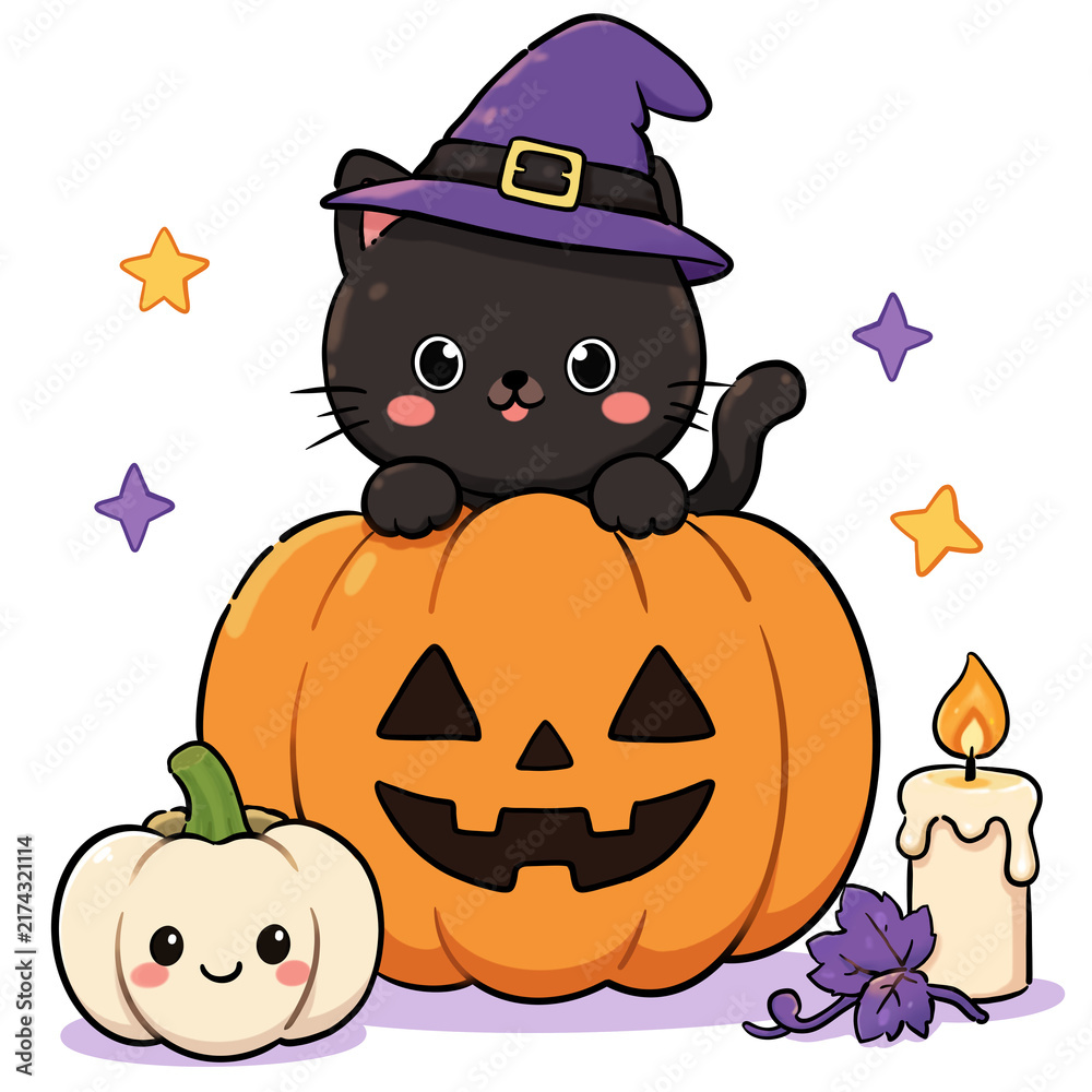 Fototapeta premium Cute black cat wearing witch hat sitting on carved halloween pumpkin jack o lantern vector illustration isolated on white background