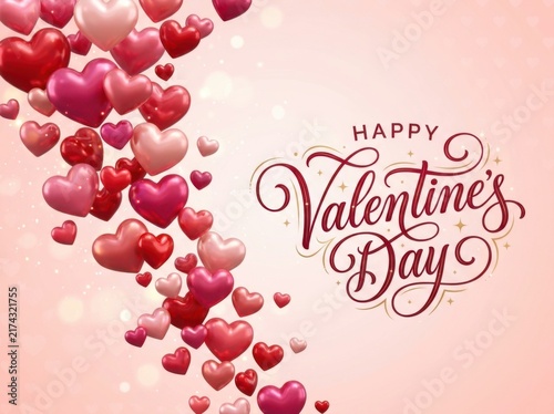 Happy valentines day greeting card with floating 3d hearts on a soft pink background