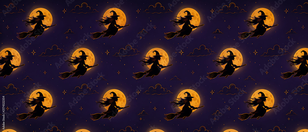 Flying Witch Seamless Halloween Pattern with Glowing Moons