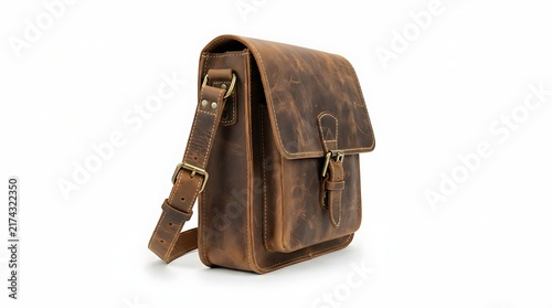 Vintage style brown leather shoulder bag with buckle strap closure for daily travel or professional work use