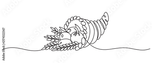Minimalist Continuous Line Art Cornucopia with Fruits and Leaves