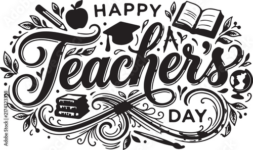 Happy Teacher's Day calligraphic badge with decorative school supplies illustration