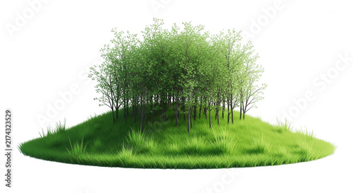 A small lush green grassy hill with a dense cluster of trees isolated on a transparent background, showcasing a vibrant natural landscape island perfect for digital design projects and creative.