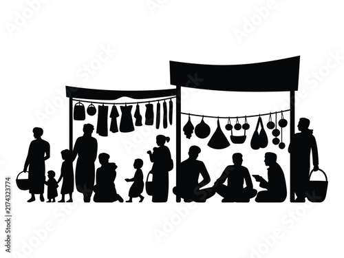 Traditional Village Market Stalls with People Silhouette Vector Illustration