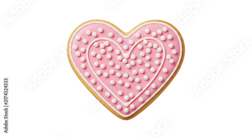A single heart-shaped sugar cookie decorated with pink icing and white nonpareil sprinkles is isolated on a transparent background, showcasing a festive Valentines Day treat in a clean studio style.