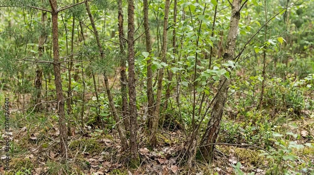Fototapeta premium Dense forest undergrowth with varying types of trees and foliage.