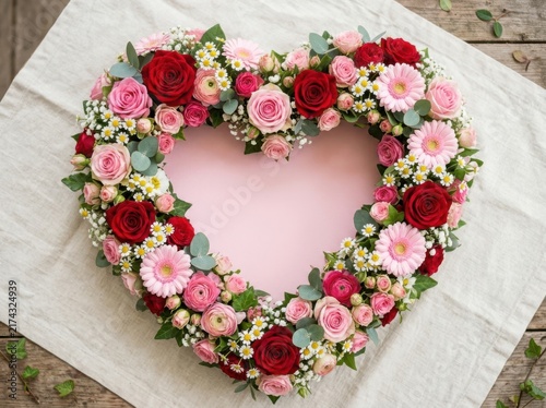 Heartshaped floral wreath made of red and pink roses, gerberas, and small white flowers on a white linen background