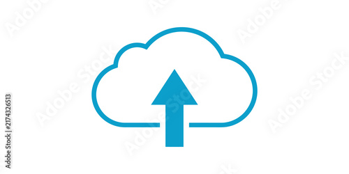 Obraz na płótnie Blue cloud upload icon with central arrow pointing upward for cloud computing and data storage transfer systems.