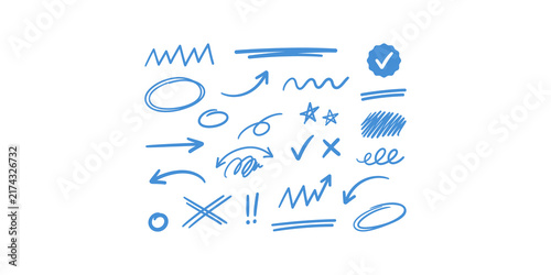 Принти на полотні Blue hand drawn sketch elements like arrows, check marks, stars, and scribbles for design