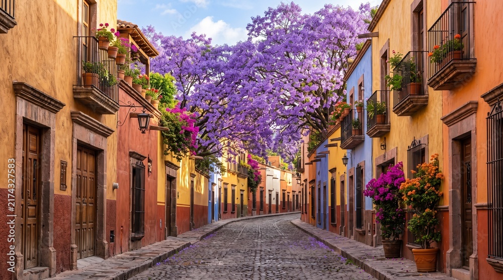 Fototapeta premium Cobblestone street lined with colorful colonial buildings and blooming jacaranda trees
