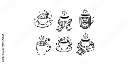 Fotografie Set of cozy hand drawn hot chocolate and coffee mugs with marshmallows, scarves, and steam for winter drinks