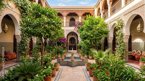 Serene Moroccan courtyard garden with fountain and lush greenery