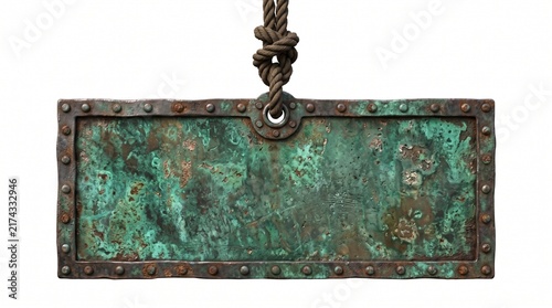 Vintage weathered copper signboard hanging from rustic rope with aged patina texture