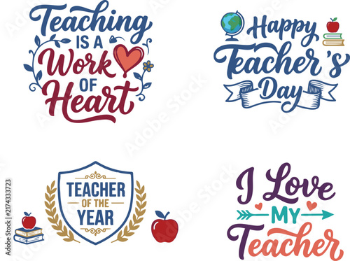 Happy Teacher's Day typography quotes and lettering badge set black and white vector illustration
