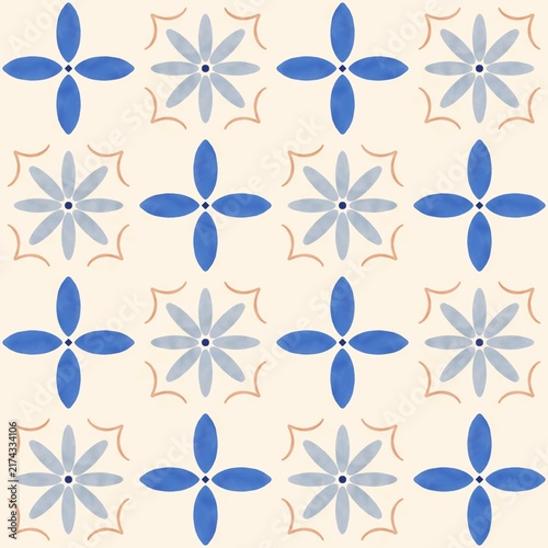 Seamless hand-painted Mediterranean tile pattern featuring cobalt-blue leaf motifs, soft dusty-blue floral shapes and delicate terracotta accents on a warm ivory background. A sophist