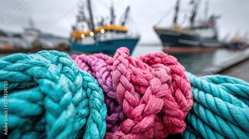 Colorful ropes on a dock with fishing boats in the background