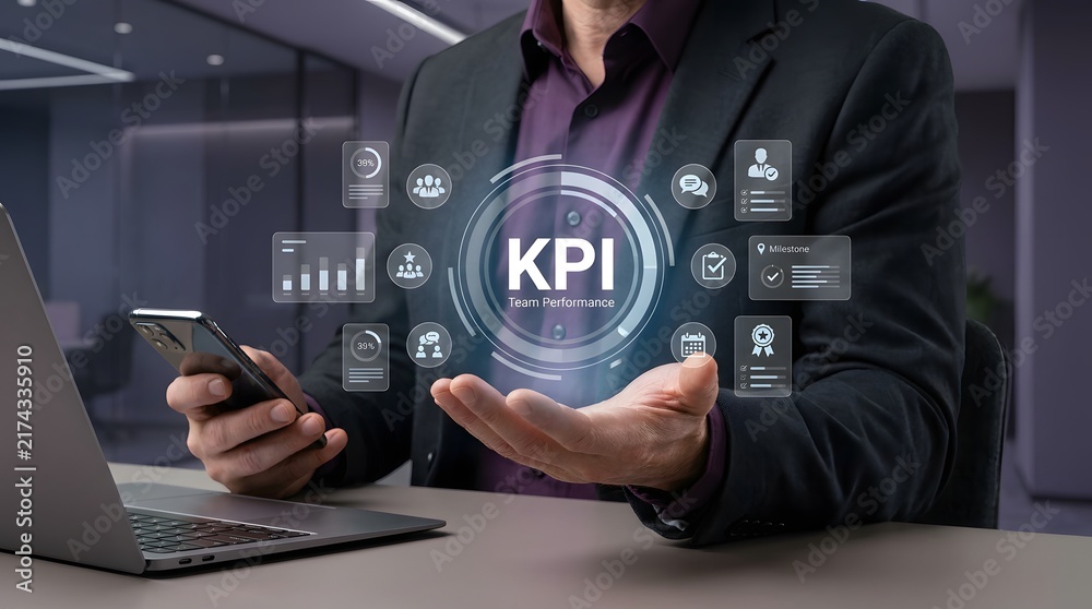 Fototapeta premium Man presenting key performance indicator data visualizations with a smartphone and laptop