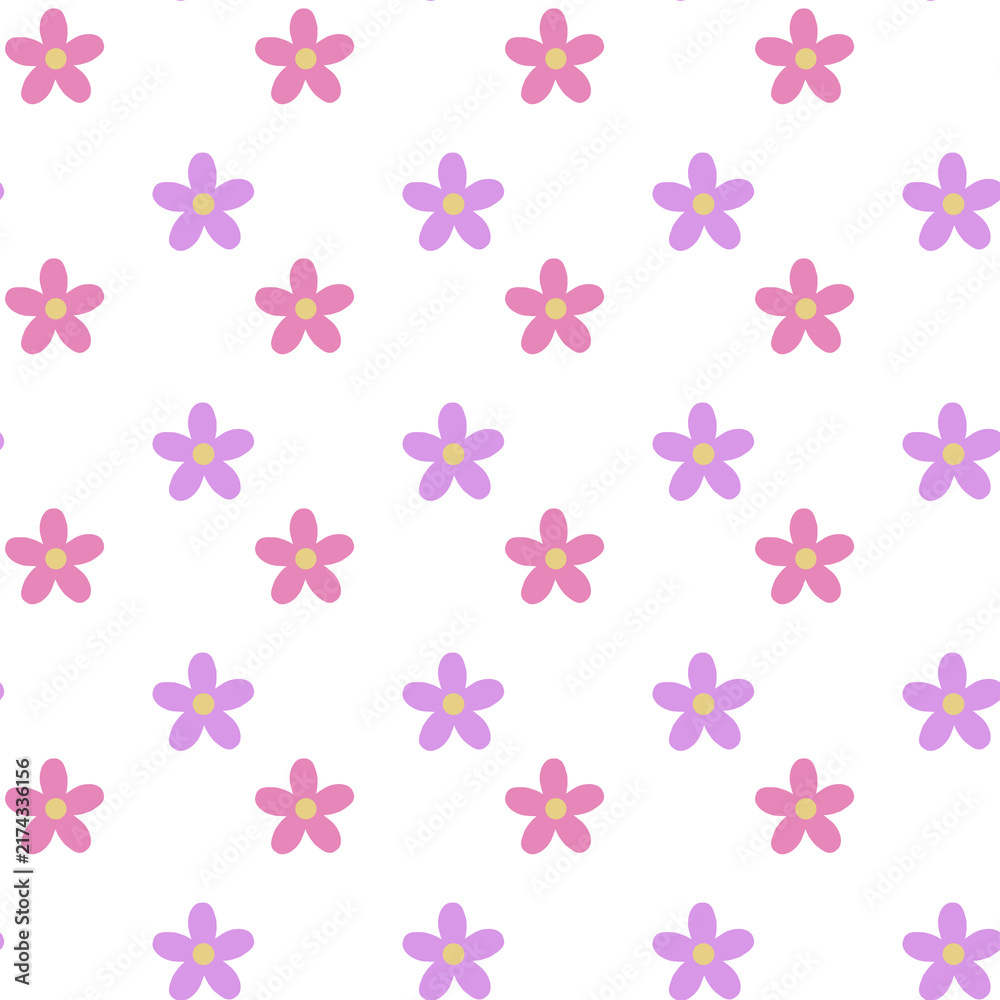 Obraz premium Vector illustration. Seamless pattern of pastel pink, purple flowers on a white background. Delicate floral pattern, field of small flowers, print for fabric, textile, wallpaper