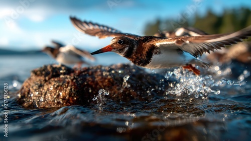 A dynamic image of birds flying above a shimmering water surface, showcasing the beauty of nature and the vibrant energy of wildlife in action near a rocky shore.