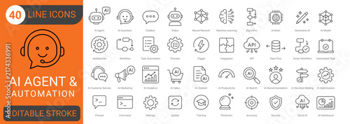 Fotografie Ai Agent And Automation Line Icon Set With Editable Stroke, Artificial Intellige