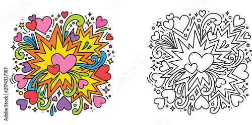 Pop Art Comic Heart Explosion Vector Illustration and Coloring Page Outline for Valentine Day and Love Concept Design