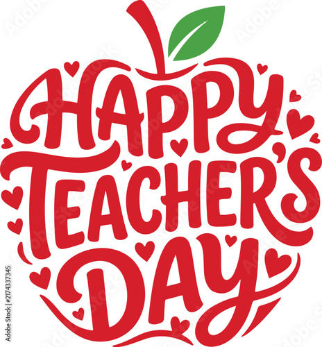 Happy Teachers Day hand-lettered lettering design inside an apple silhouette with hearts vector graphic