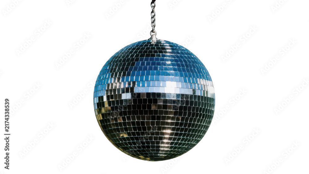 Obraz premium Reflective disco ball with small square mirror tiles hanging from a metal chain for party lighting effects isolated on a transparent background