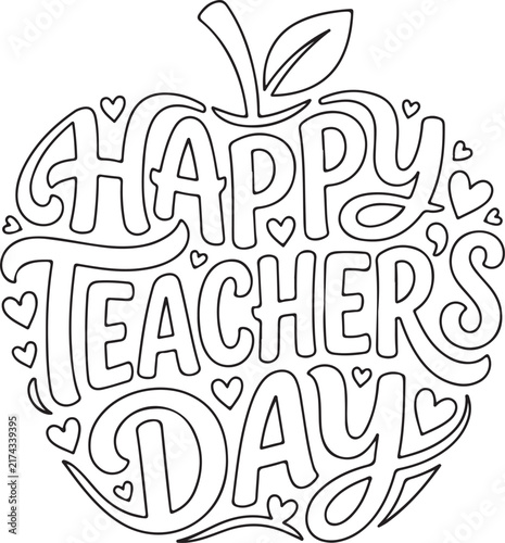 Happy Teachers Day hand-lettered lettering design inside an apple silhouette with hearts vector graphic