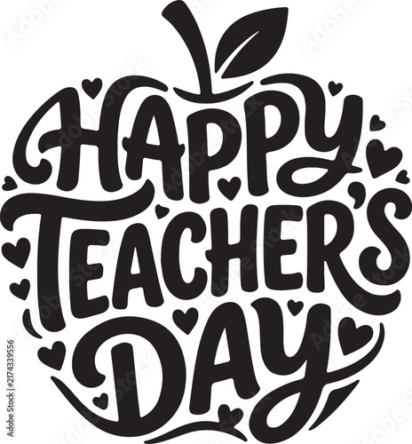 Black and white Teacher Day apple typography art print and vector greeting card design