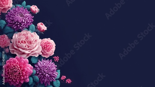 Luxurious flowers border on deep blue background