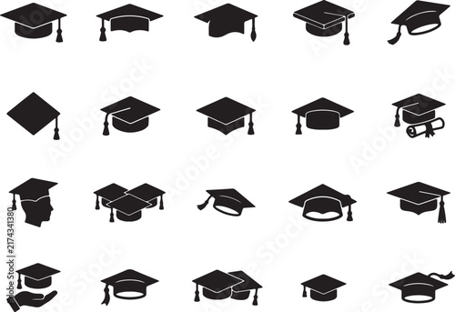 Graduation cap outline icons set, vector education and university symbols