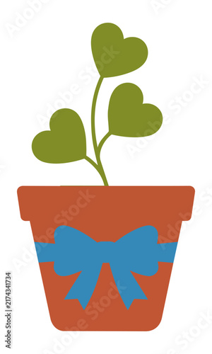 Stylized silhouette of a flower pot with a decorative bow and leafy sprig isolated on a white background minimal garden design concept