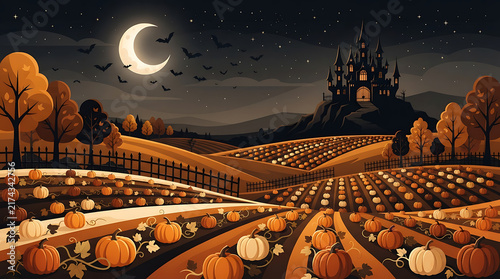 Halloween night with crescent moon over pumpkin field and castle