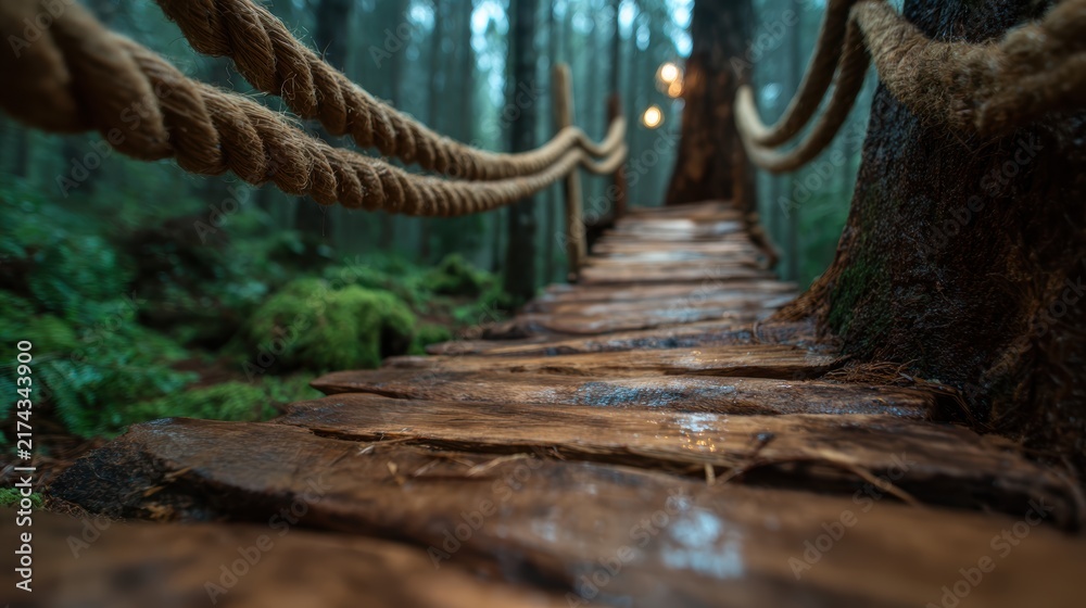 Fototapeta premium A captivating view of a tranquil forest pathway featuring a rustic wooden bridge, inviting exploration amid lush greenery and soft rain, enhancing the serene atmosphere.