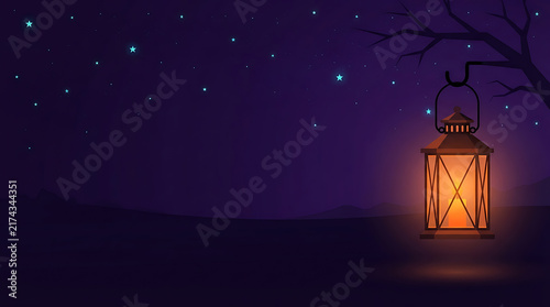 Halloween night with glowing lantern hanging from tree branch under starry sky and purple clouds