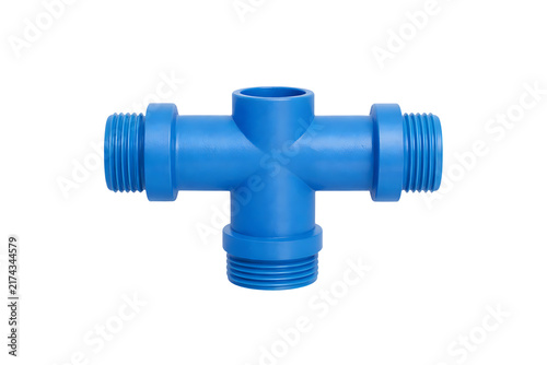Blue plastic cross pipe fitting isolated on transparent background