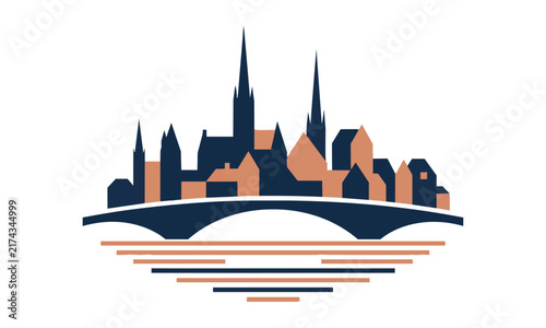 Minimalist skyline silhouette of a european city with cathedral spires and arched bridge over abstract water reflection in navy blue and copper urban design concept