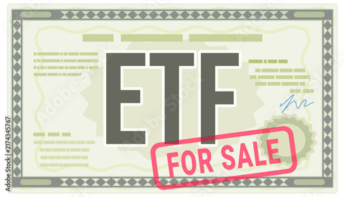 ETF exchange traded fund certificate with For Sale stamp representing secondary market trading, asset liquidation, and index portfolio divestment (cut out)